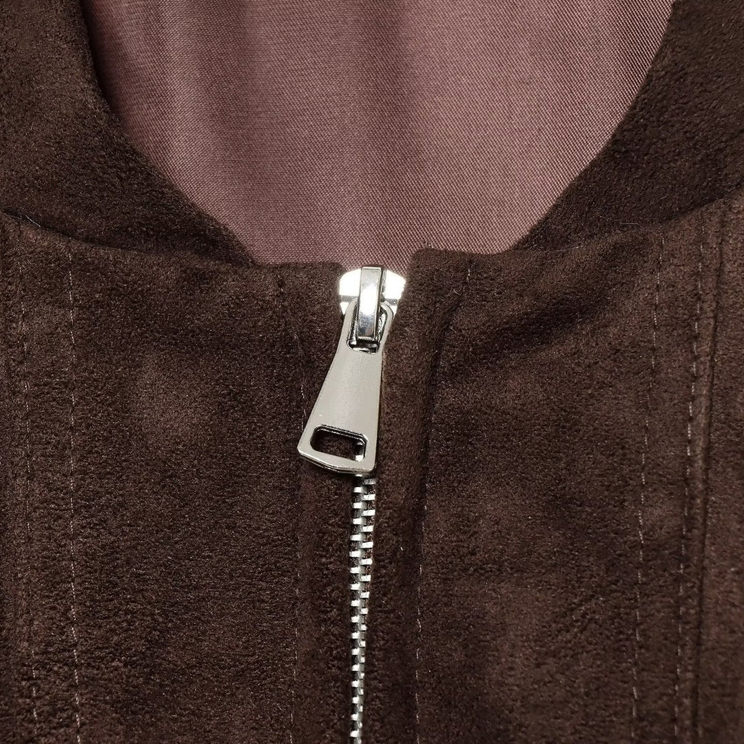 Dam Kort Suede Look Bomber med Dragkedja och Patch Fickor