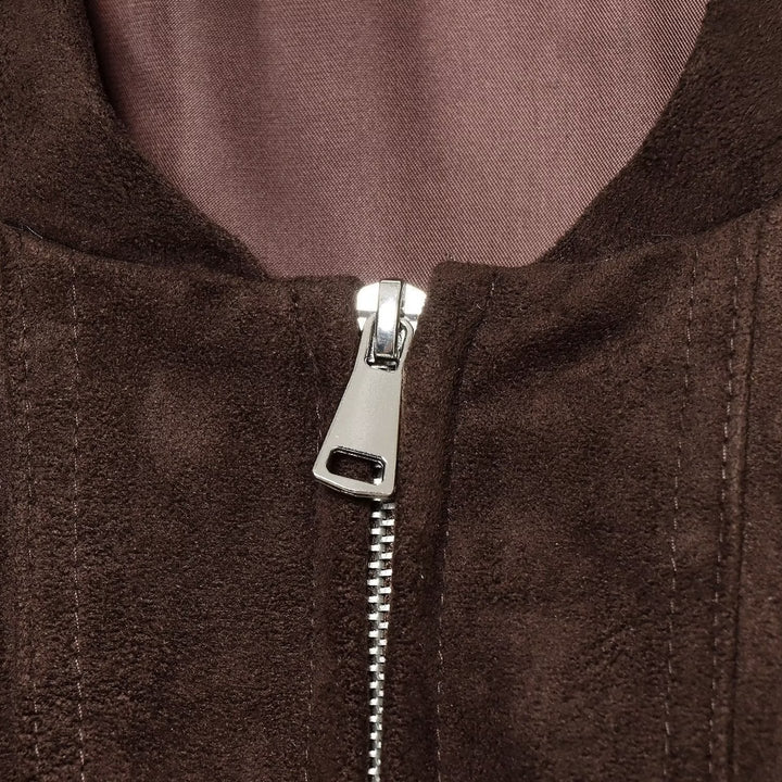 Dam Kort Suede Look Bomber med Dragkedja och Patch Fickor