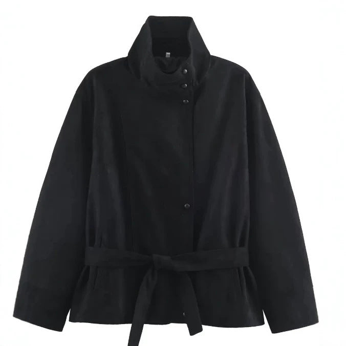 Dam Suede Look Jacka med Hög Stå Krage och Waist Belt