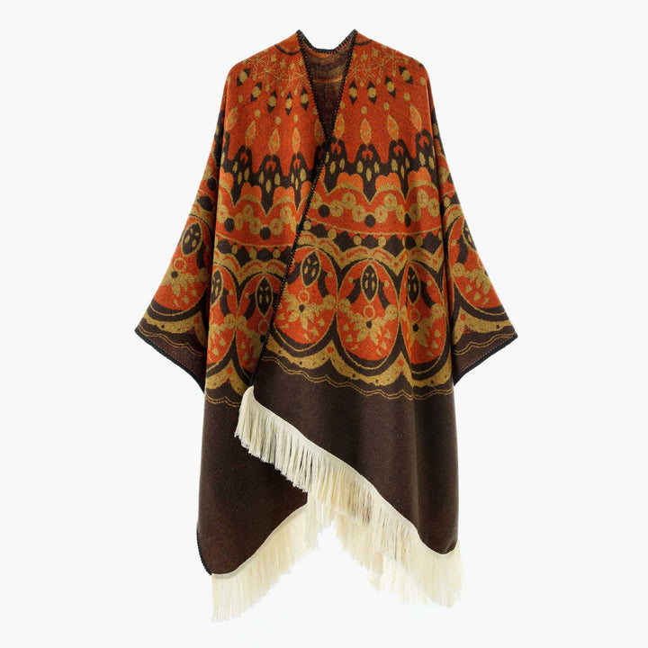Dam Woven Jacquard poncho med V-Neck, Ethno tryck och Fringes