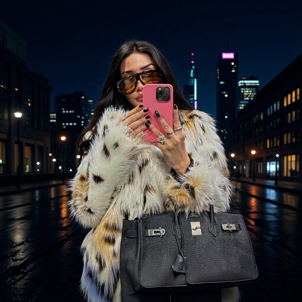 Dam kort kviltad Faux Fur jacka med Leopard Spot mönster och ståkrage