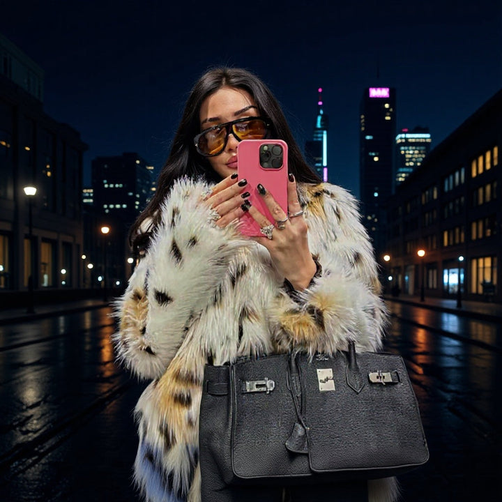Dam kort kviltad Faux Fur jacka med Leopard Spot mönster och ståkrage