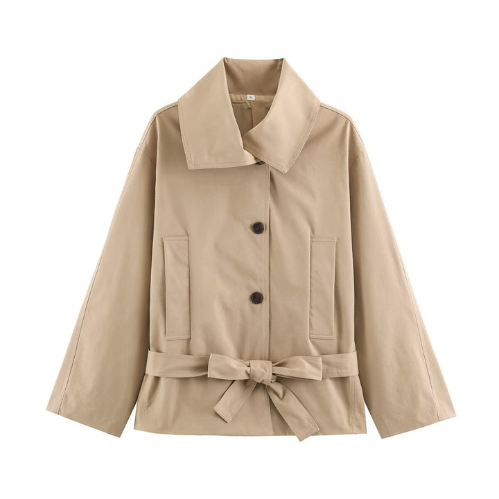 Dam Kort Tailored Trenchcoat med Tie Belt och Wide Lapel Krage