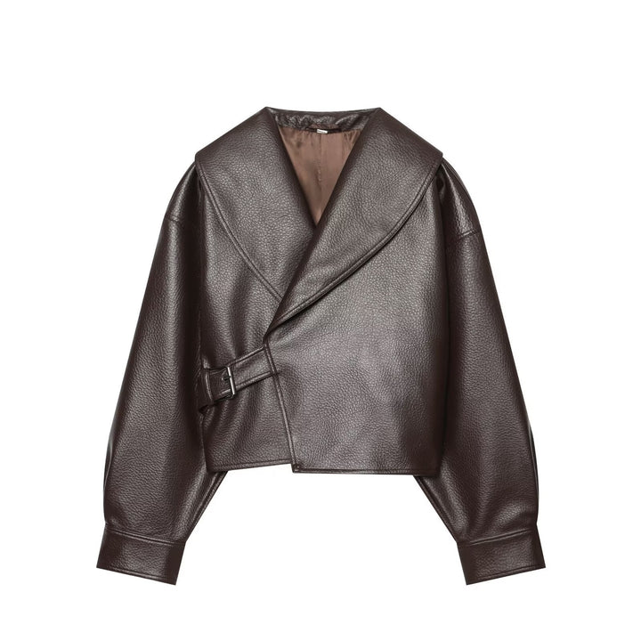 Dam Kort Faux Läder Blouson med Stora Shawl Krage och Waistband