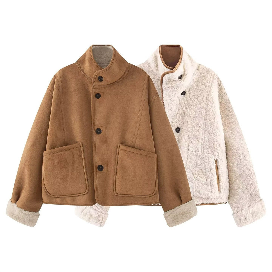 Dam Kort Sheepskin Look Jacka med Ståkrage och Stor Utanpåfickor