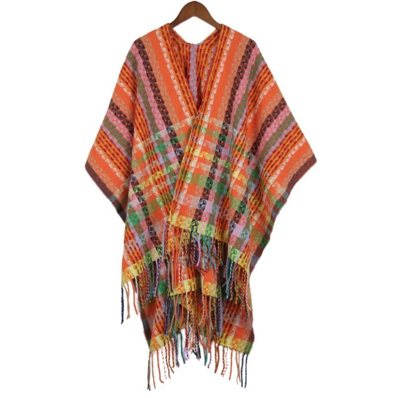 Dam Multicolored Woven poncho i Boho Patchwork design med Fringes