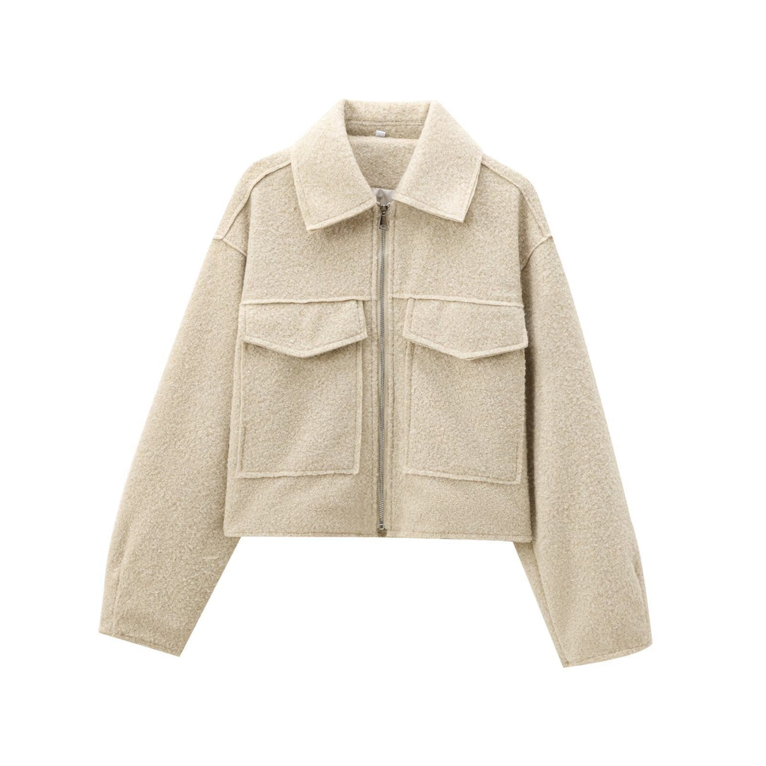 Dam kort Boucle jacka in boxig skärning med Zip och Flap fickor