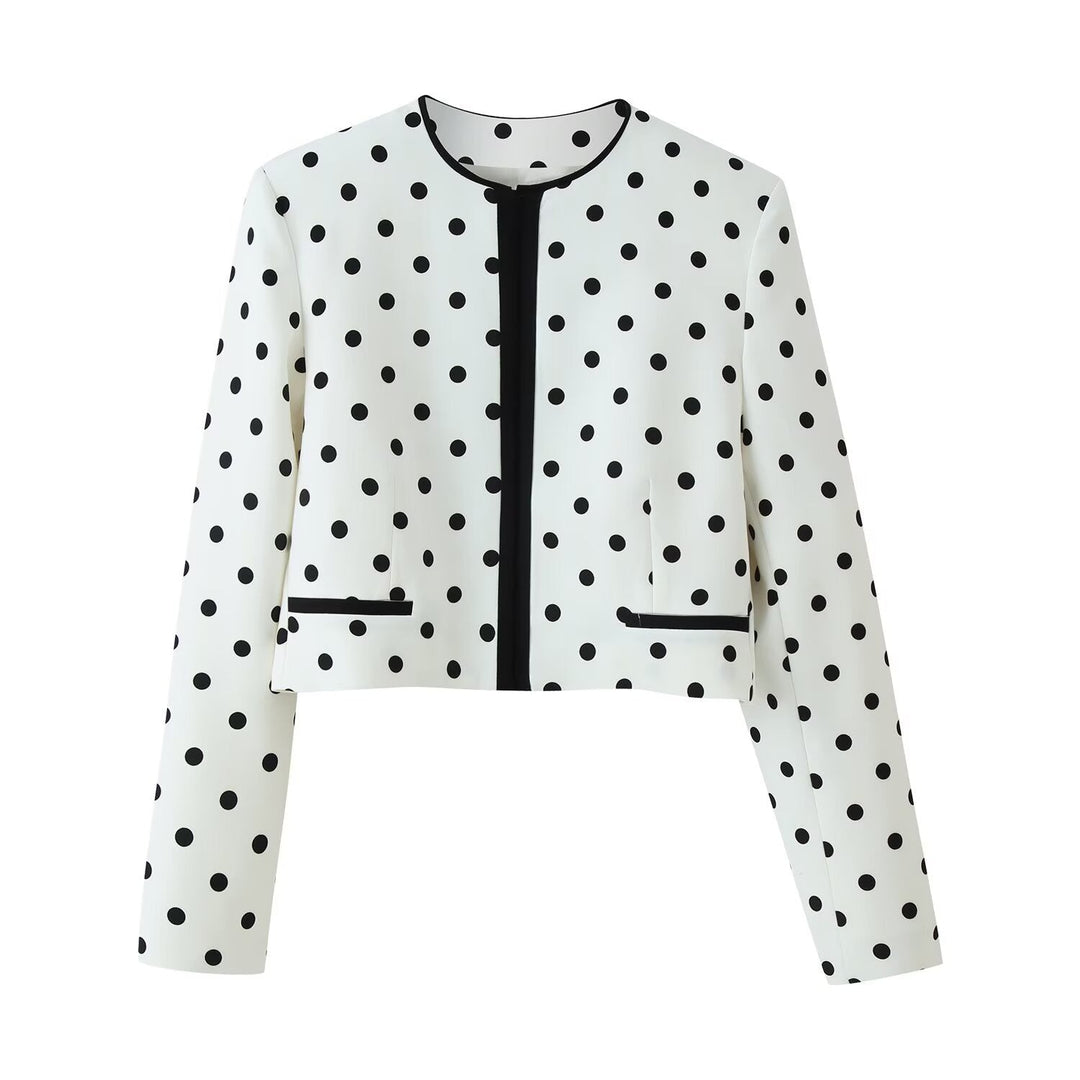 Dam Kort Övergångsjacka i Prickig Prick Design med Round Neckline och Contrasted Kant Processing