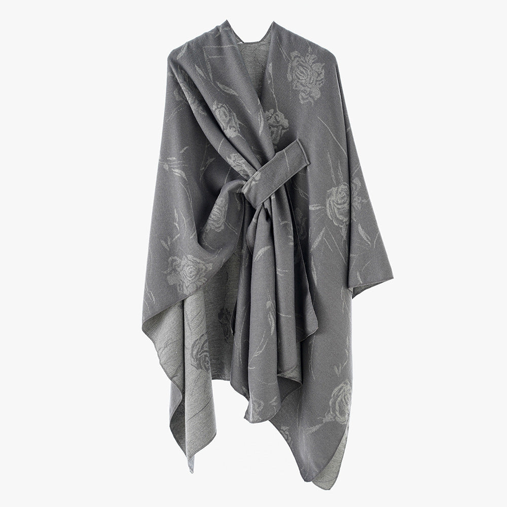 Dam Reversible capeponcho med Rose Jacquard och Tie bälte