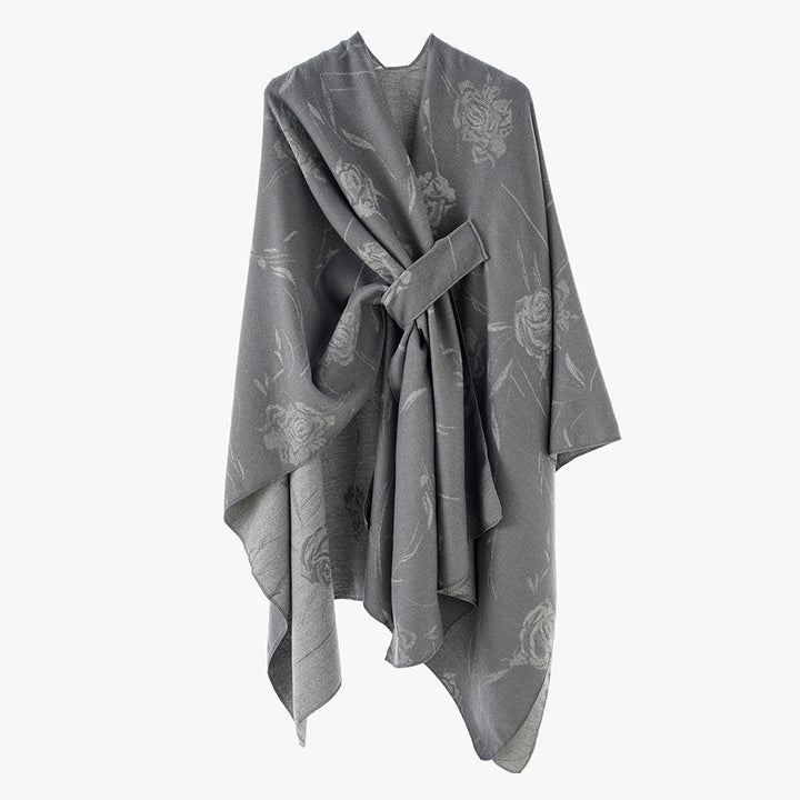 Dam Reversible capeponcho med Rose Jacquard och Tie bälte