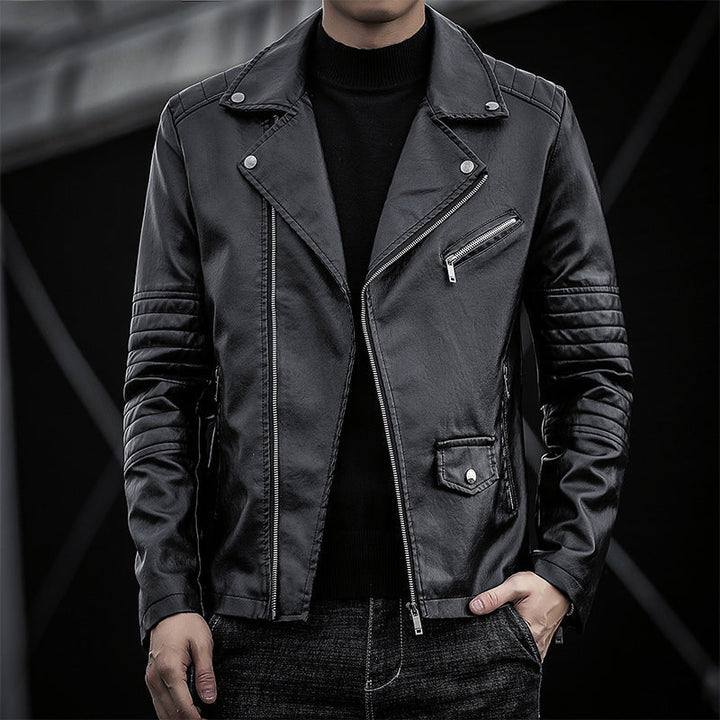 Herr Smal Passform Konstläder Moto Jacka med Quiltad Axel och Ärm Detalj