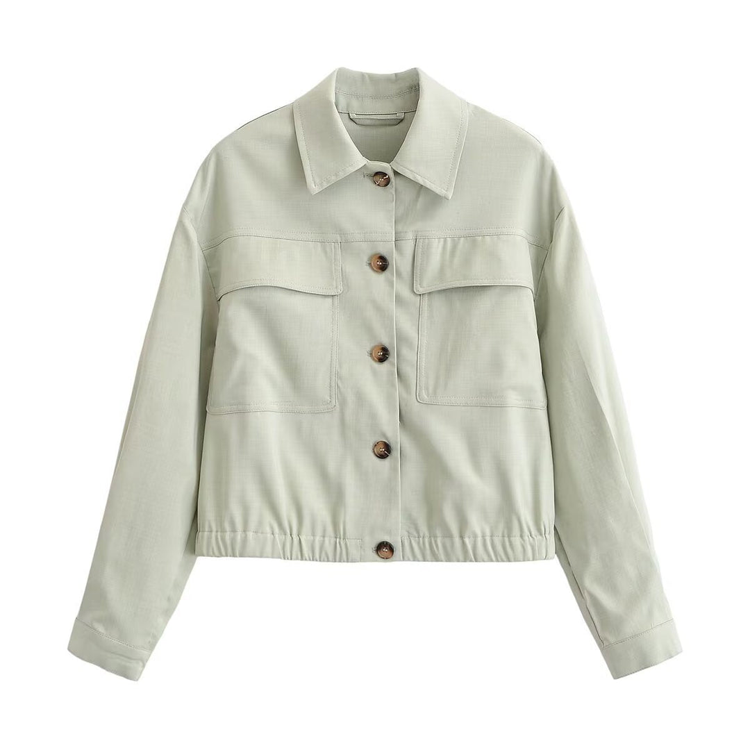 Dam Kort Boxig Worker Jacka med Skjort Krage, Patch Breast Fickor och Elastic Nederkant