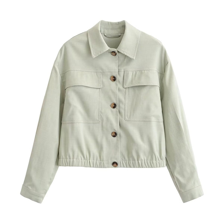 Dam Kort Boxig Worker Jacka med Skjort Krage, Patch Breast Fickor och Elastic Nederkant