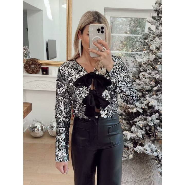 Dam kort skärning Sequin Bolero jacka med Triple Satin Bows och Lined Interior