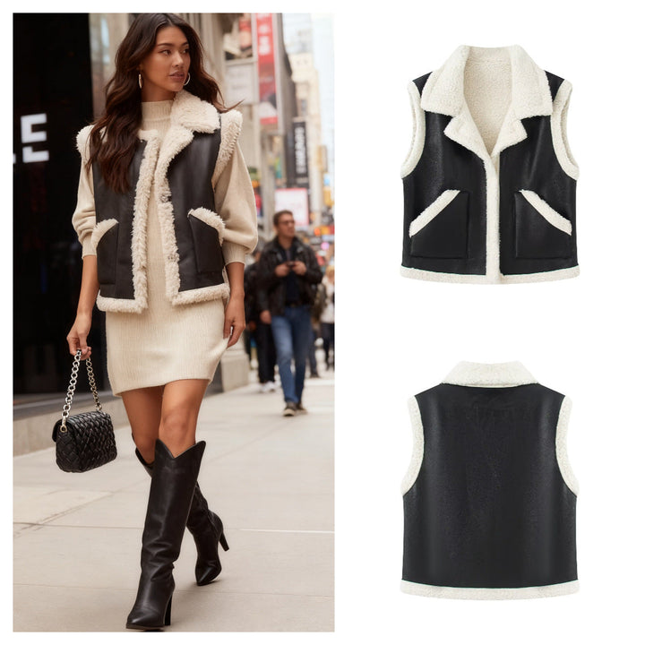 Dam Sleeveless Lambskin Imitation Väst med Slagkrage och Utanpåfickor