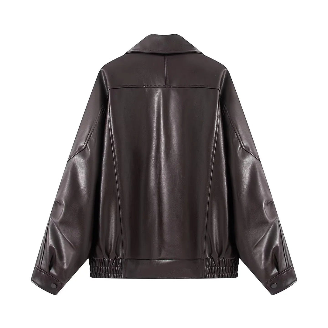 Dam oversized konstläderjacka med stor sjalkrage, påsydda fickor och elastic waistband