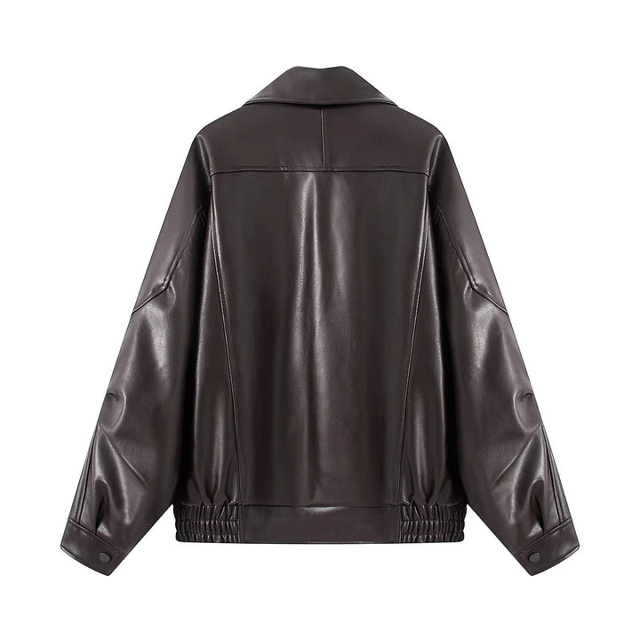 Dam oversized konstläderjacka med stor sjalkrage, påsydda fickor och elastic waistband