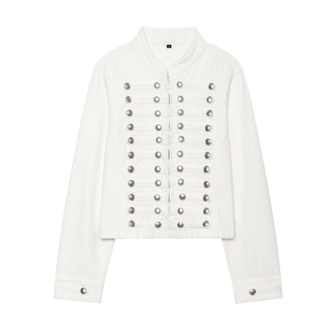 Dam Kort Denim Blouson i Tailcoat Stil med Dekorativ Row Knappar