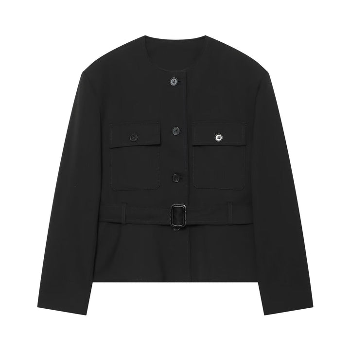 Dam Tailored Kort Jacka med Belt, Lock Fickor och Round Neck
