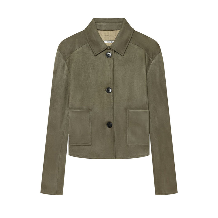 Dam Tailored Kort Blouson Tillverkad av Suede Imitation med Skjort Krage och Patch Fickor