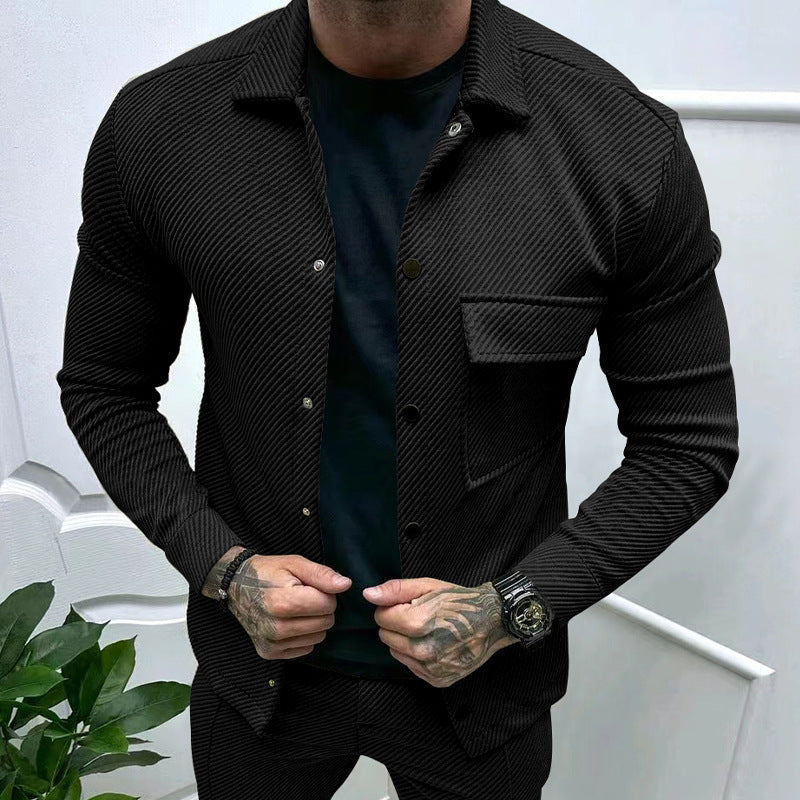 Herr slim ribbad structure overshirt jacka med tryckknapp stängning och bröst lock