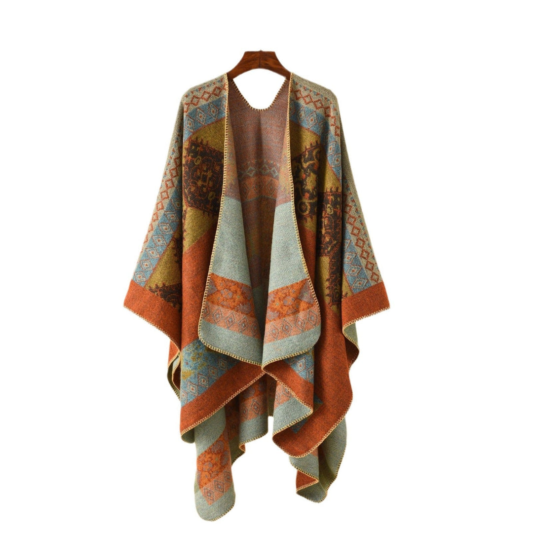 Dam Jacquard poncho Cape med Ethno mönster och ullblandning