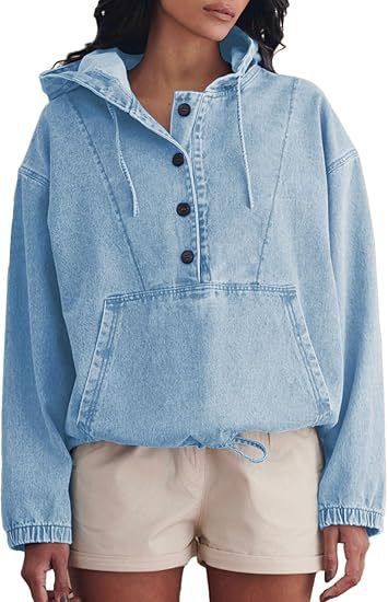 Dam jeans Half jacka med huva, Kangaroo ficka och dragsko