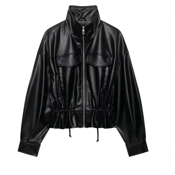 Dam Kort Faux Läder Blouson med Stå Krage, Lock Fickor och Drawstring Waist