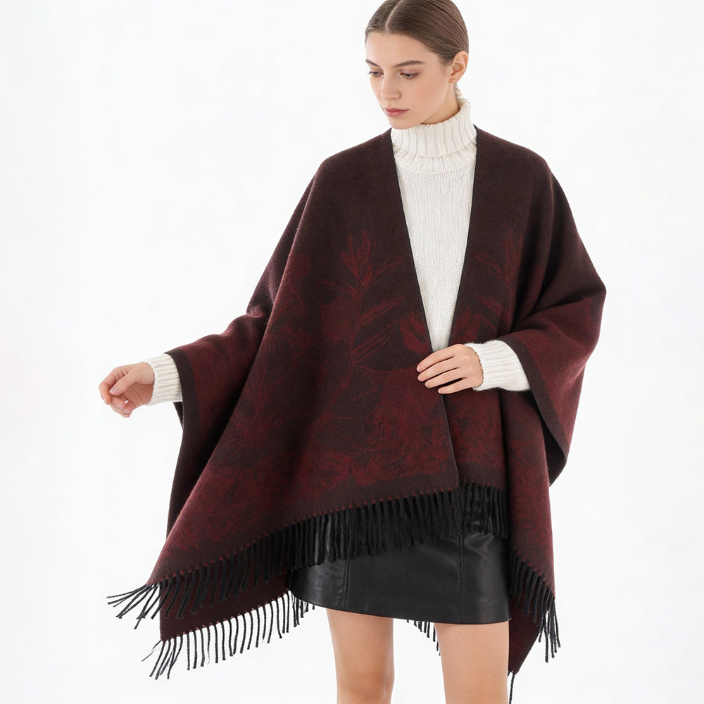 Dam V-Neck capeponcho med floral Jacquard och frayed fåll
