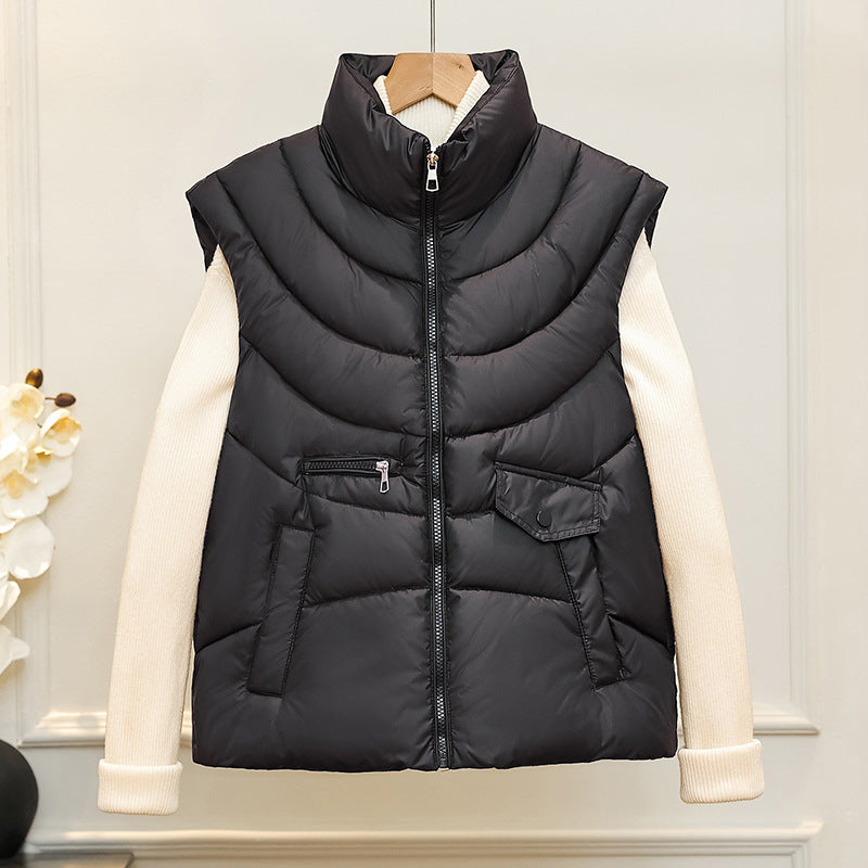 Dam sleeveless quiltad insulation väst med high ståkrage, concealed dragkedja, och multifunctional fickor