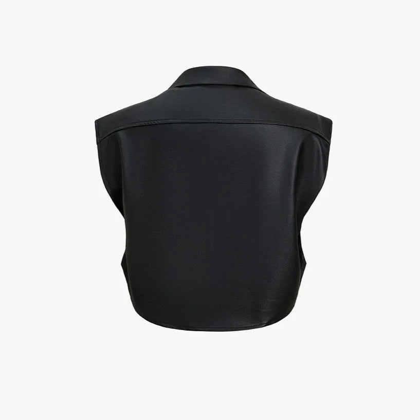 Dam kort ärmlös konstläder väst med oversize Shoulders
