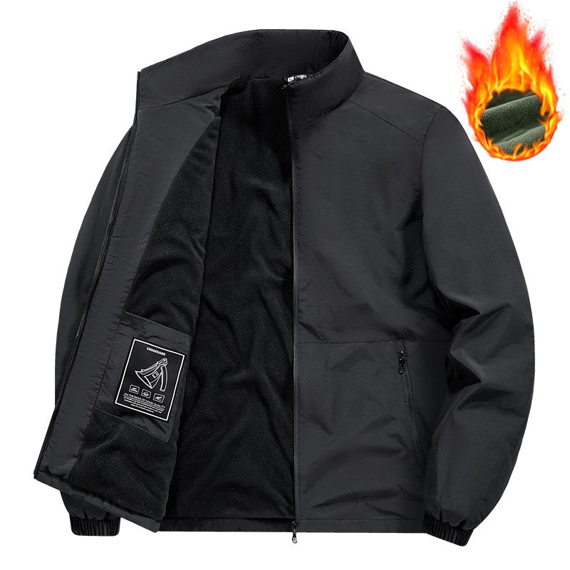 Herr Fleece-Fodrad Vindjacka med Standing Krage, Termisk Foder &amp; Dold Dragkedja Fickor