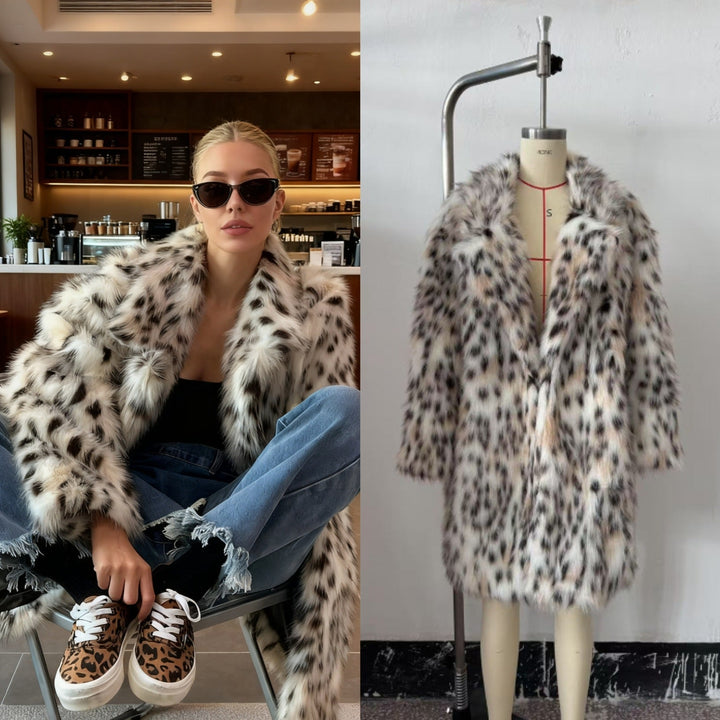 Dam Midi Kappa Gjord av Konstpäls med Leopardmönster, Oversized Passform och Sjalrakrage
