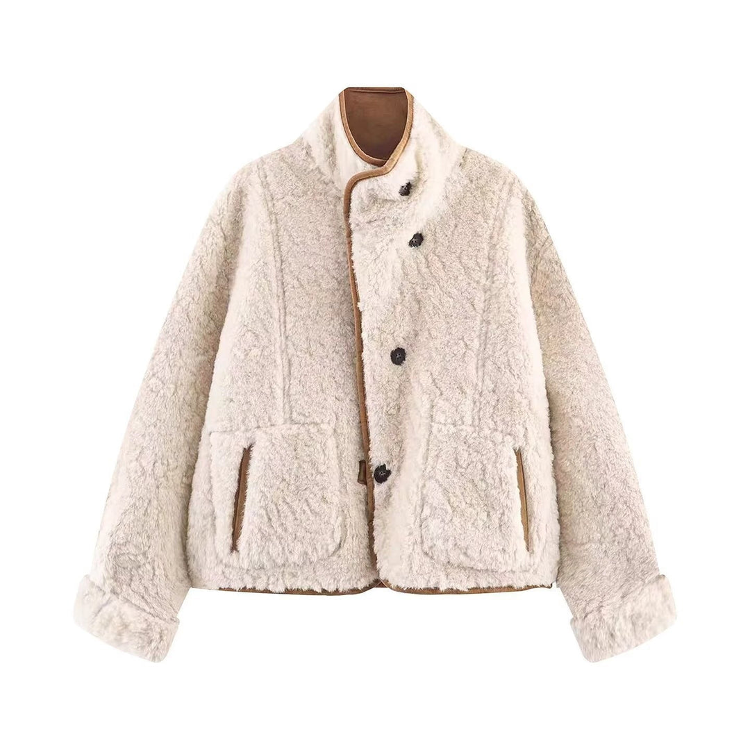 Dam Kort Sheepskin Look Jacka med Ståkrage och Stor Utanpåfickor