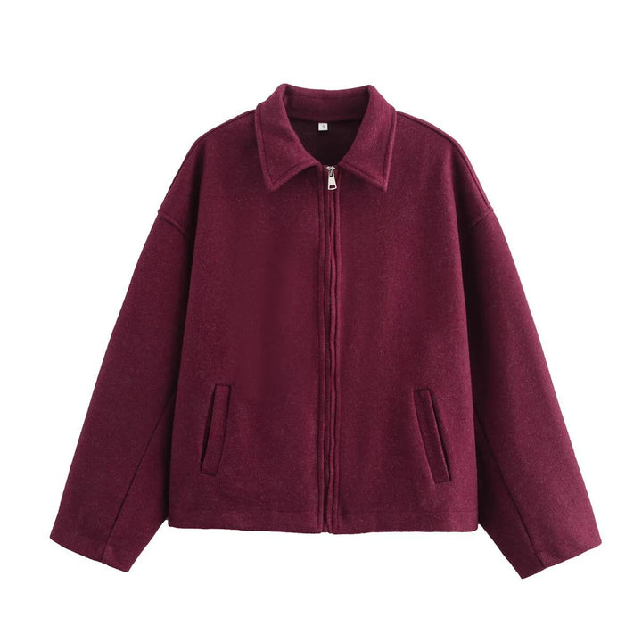 Dam Oversize Ull Blend Boxig Jacka med Full Dragkedja och Side Fickor