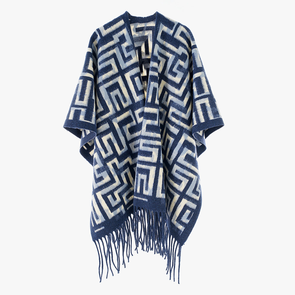 Dam Geometric Jacquard poncho i Cape stil med Fringed fåll