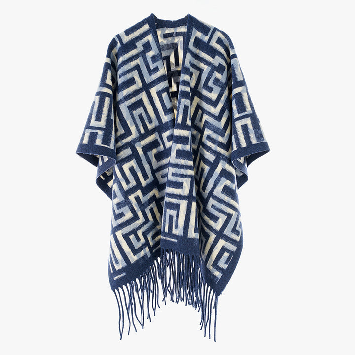 Dam Geometric Jacquard poncho i Cape stil med Fringed fåll