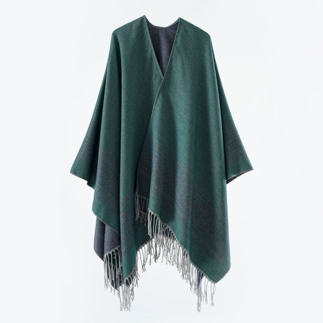Dam Reversible ullblandning kimono stil Wrap med Ornamental Border och Decorative Fringes