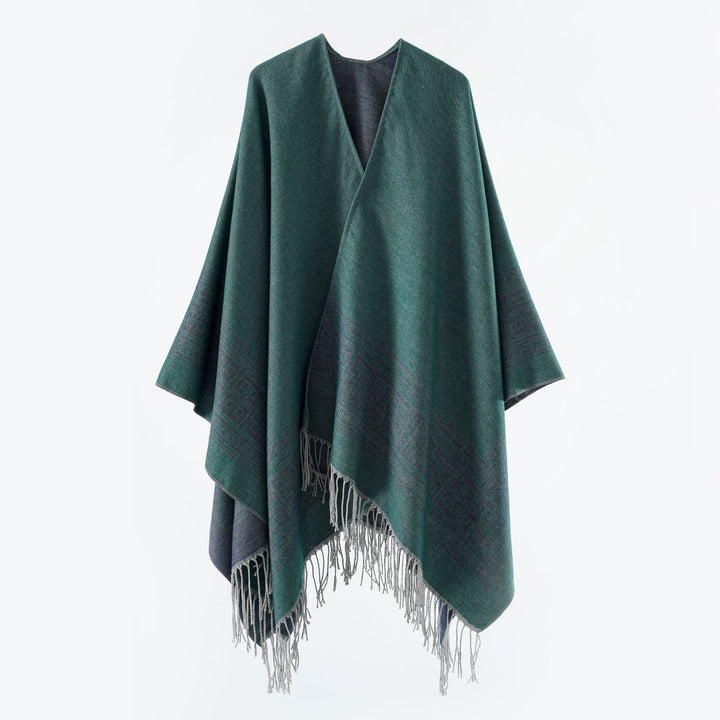 Dam Reversible ullblandning kimono stil Wrap med Ornamental Border och Decorative Fringes