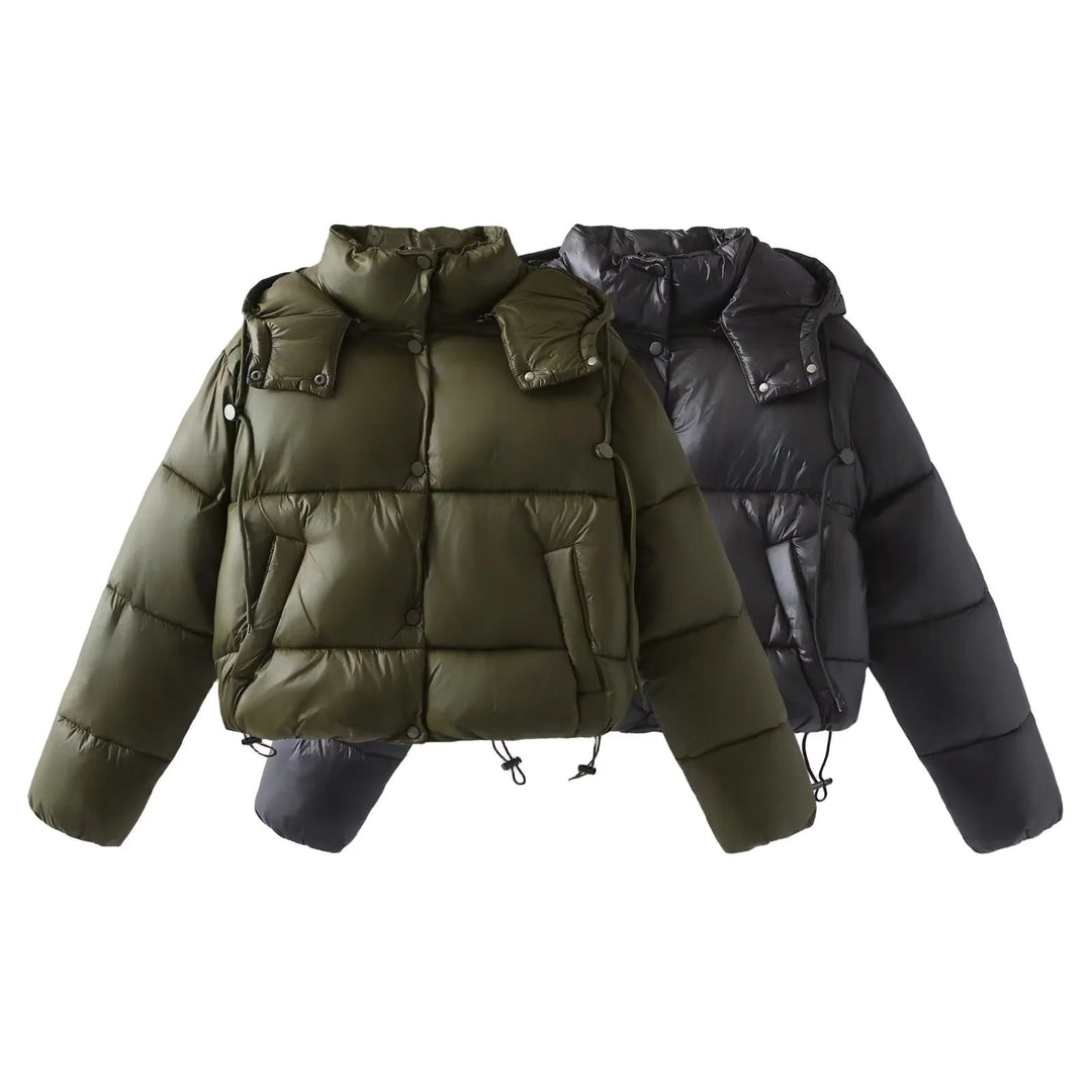 Dam oversized vadderad kort jacka med detachable huva, high ståkrage, och drawstring fåll