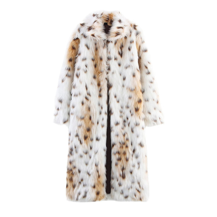 Dam Lång Oversized Konstpäls Kappa med Spotted Wildcat Tryck och Ståkrage