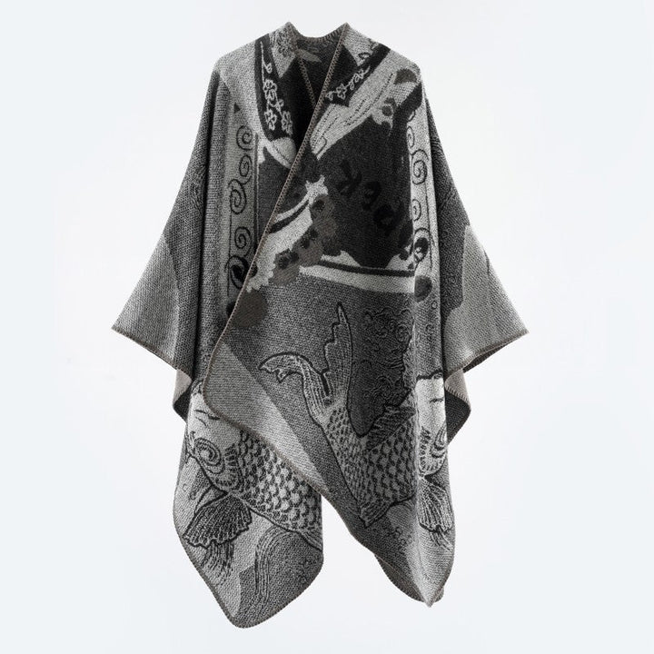 Dam Jacquard poncho med Fish Motif och Open Oversize skärning