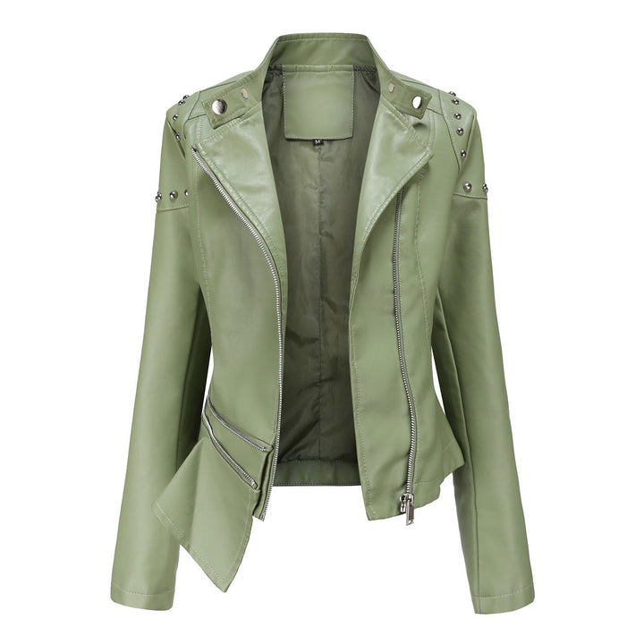Dam asymmetric konstläder bikerjacka med stud application och figursydd peplum