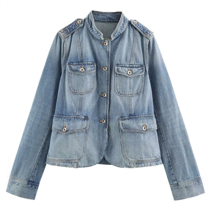 Dam Utility-Stil Denimjacka med Stå Krage, Flapped Fickor, och Shoulder Patches