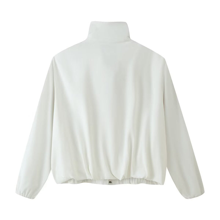 Dam Kort Jacka med Hög Stå Krage, Shoulder Pads och Tryckknapp Knapp Knäppning
