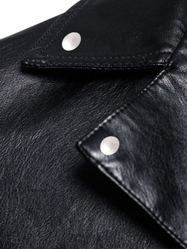 Herr Slim-Fit Biker Jacka i Läder Look med Asymmetrical Dragkedja och Notched Krage