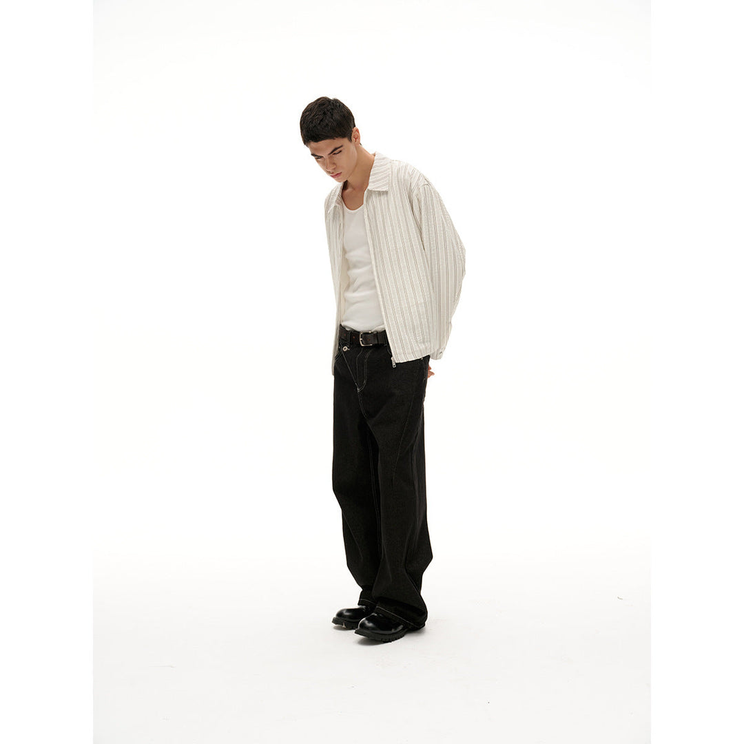 Unisex Lätt Randig Overshirt Jacka med Skjortkrage och Concealed Dragkedja