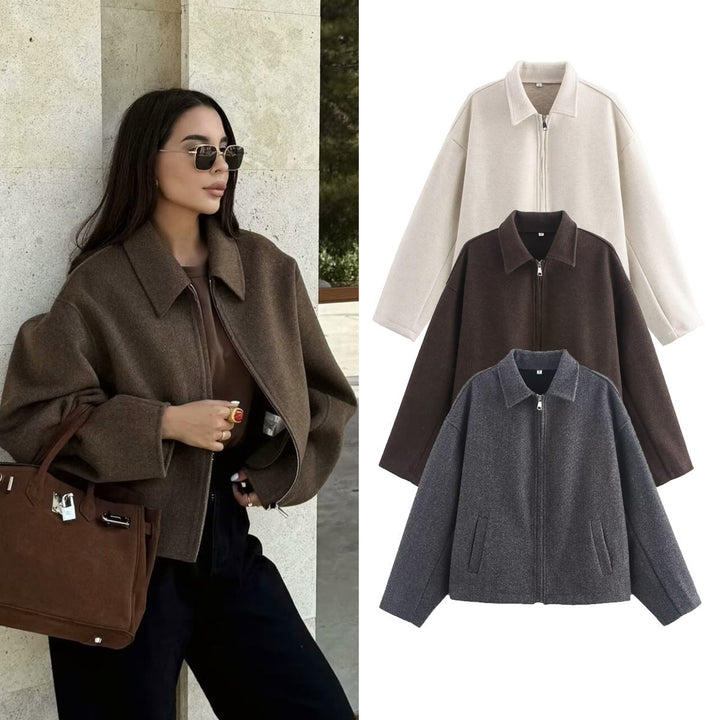 Dam Oversize Ull Blend Boxig Jacka med Full Dragkedja och Side Fickor
