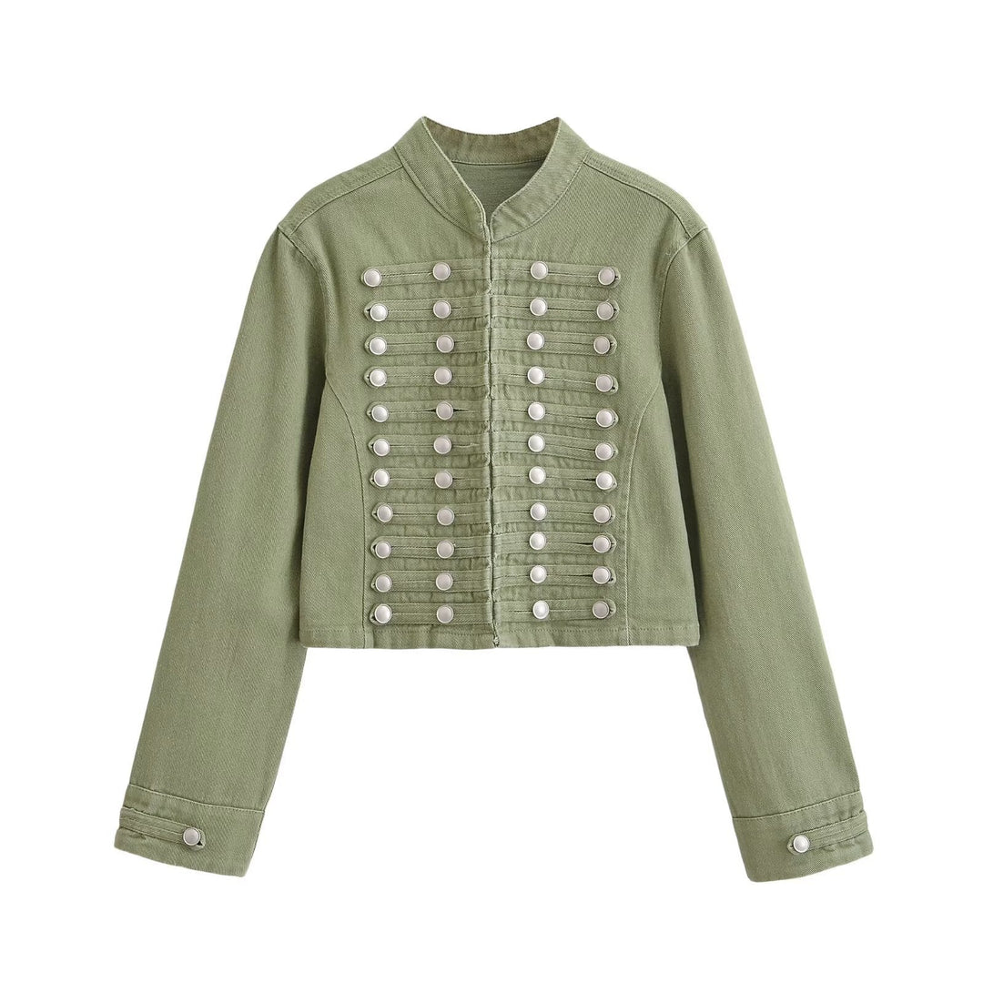 Dam Denimjacka i Military Stil med Stå Krage och Dekorativ Knapp Plackets