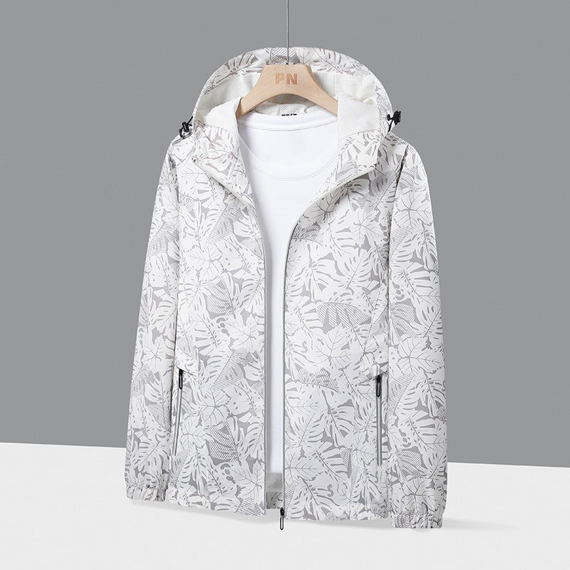 Herr lätt med huva Windbreaker med Botanical Heltäckande Tryck och elastiska muddar